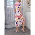 thumbnail image 4 of Women's Bohemian-style mid-length floral dress, V-neck short-sleeved summer casual button-neck flowing dress, 2025 beach holiday outfit., 4 of 6