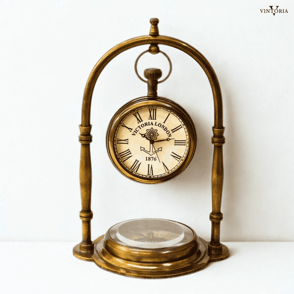 Antique Brass Table Clock with Compass Base | Vintage Nautical Maritime Desk Decor | Collectible Brass Clock for Home & Office
