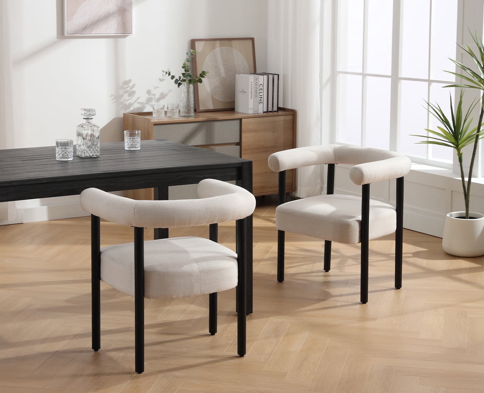 Guyou Modern Barrel Dining Chairs Set of 2, Mid-Century Farmhouse Kitchen Chairs with Curved Back, Wooden Linen Upholstered Dining Side Chairs for Dining Room Living Room Kitchen, Beige