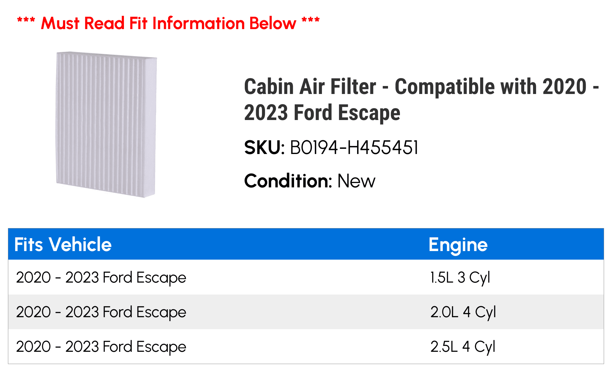 Cabin Air Filter - Compatible with 2020 - 2023 Ford Escape 2021 2022