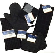 Kitchen Towel Set with 2 Quilted Pot Holders, Oven Mitt, Dish Towel, Dish Drying Mat, 2 Microfiber Scrubbing Dishcloths (Black)