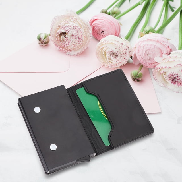 Estuche para tarjetas con bloqueo RFID, billetera automática de aleación de aluminio, billetera automática, billetera con cepillo de seguridad RFID, rendimiento lleno de energía
