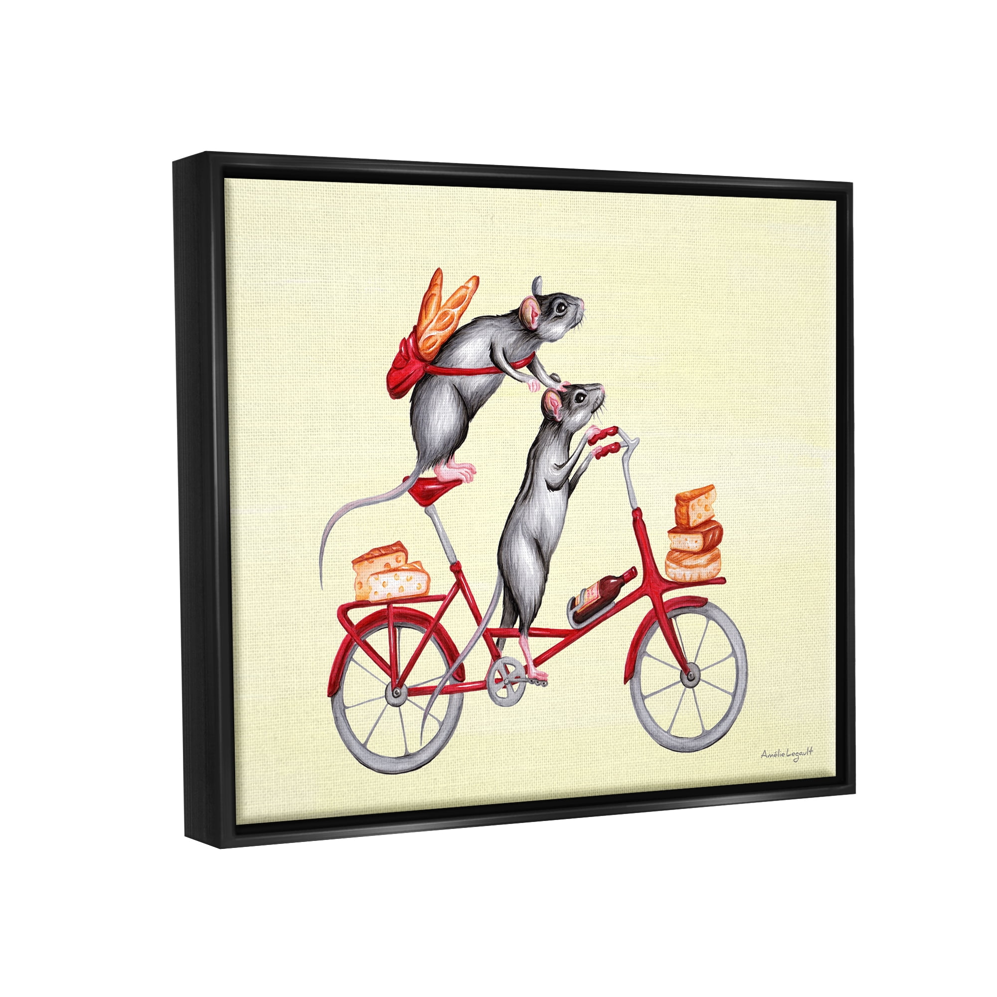Stupell Industries Mice On Bicycle Carrying Picnic Lunch Bread Cheese Graphic Art Jet Black Floating Framed Canvas Print Wall Art, Design by Amelie Legault