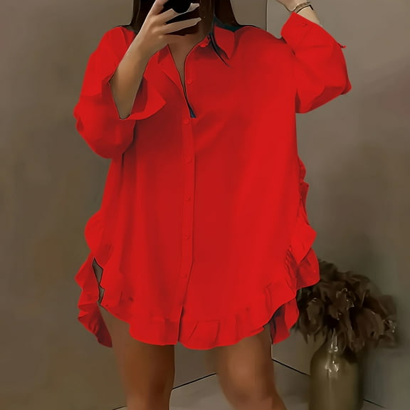 Uootdi Long Sleeve Shirt for Women Irregular Ruffle Trim Split Curved Hem Blouse Lapel Collar Button Down Shirt Gift Dressy Casua