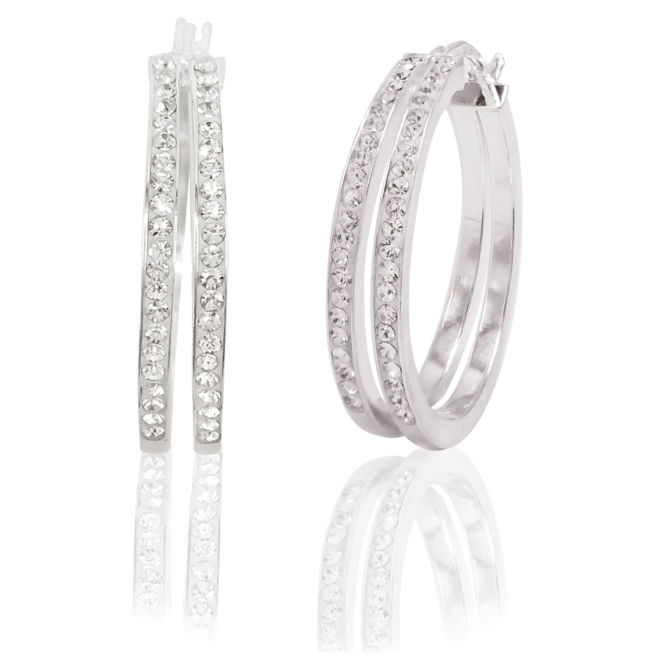 Brilliance Fine Jewelry Women's Rhodium Plated Sterling Silver Classic 2 Row Crystal Round Hoop Adults Earring