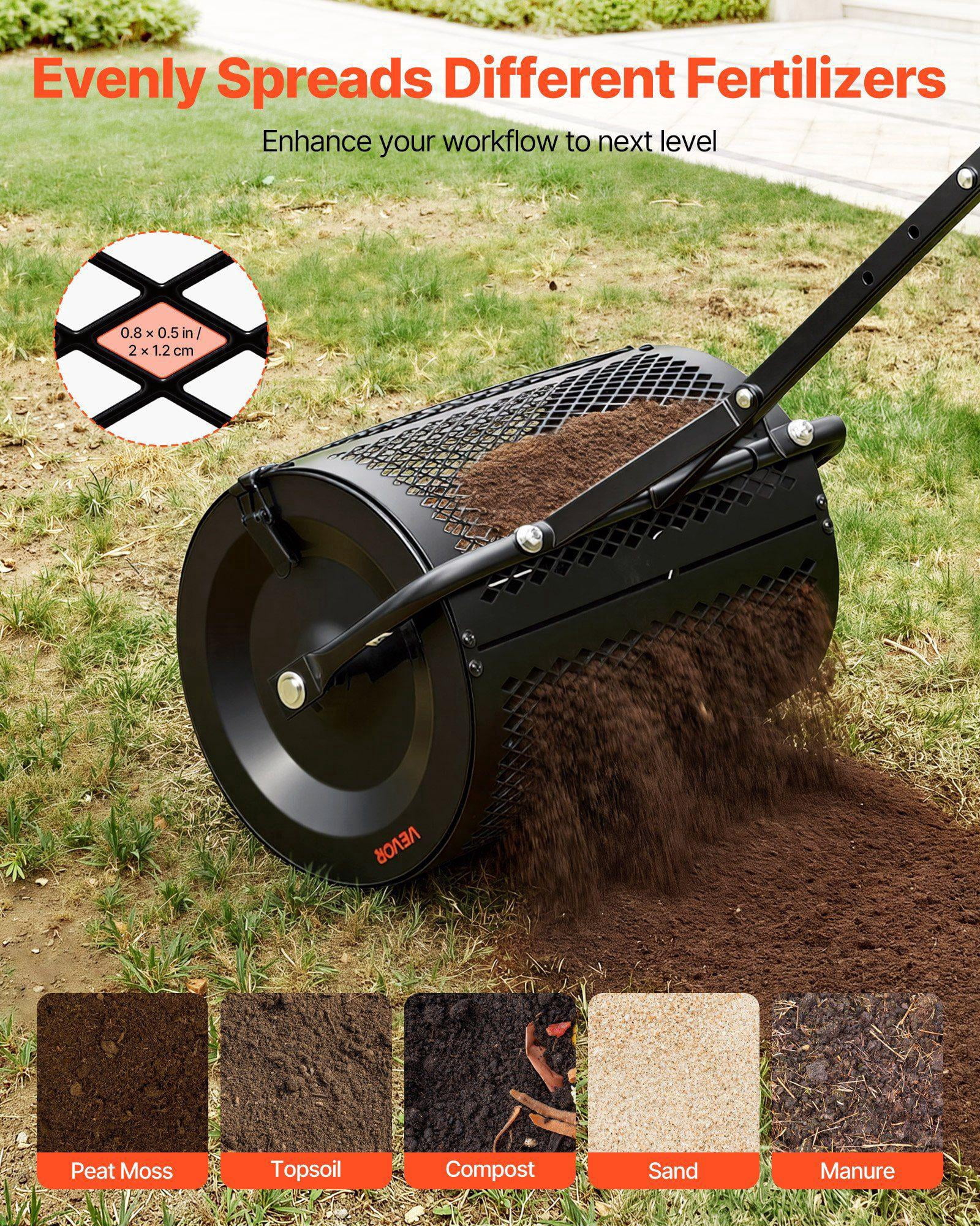 16.5 Inch Heavy Duty Garden Peat Moss Roller Spreader Adjustable T Handle Powder Coated Steel for Seeding Planting Black