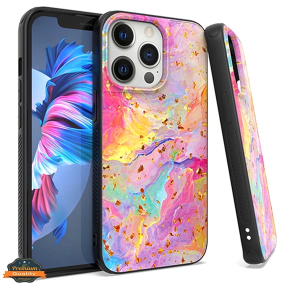Xpression Case for Apple iPhone 13 (6.1") Marble Fashion Stone Stylish Flake Glitter Bling Hybrid TPU Rubber Hard PC Protection Phone Cover [Marble Rainbow]