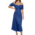 thumbnail image 1 of 2025 Vestido midi cruzado de satén con hombros descubiertos para mujer - Diseño fruncido para bodas/fiestas - Tejido elástico y ligero con opciones de tallas múltiples, 1 of 5