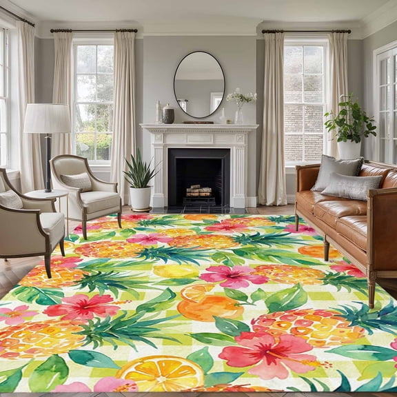 Summer Pineapple Area Rugs 8'x10', Washable Small Throw Rugs for Living Room Patio, Tropical Fruits Lemon Sage Green Plaid Indoor Outdoor Rug Non-Slip Low Pile Carpet Runner Reversible Floor Mats