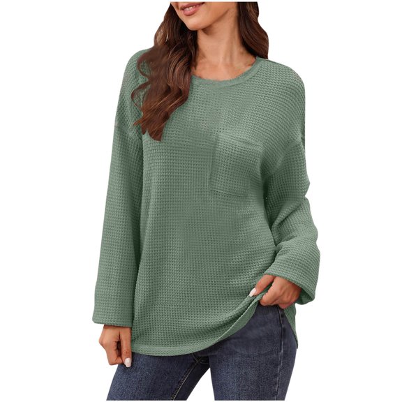 UYISJ Women's Fall Long Sleeve Crew Neck Waffle Knit Casual Loose Oversized Pullover Sweater Jumper Tops with Pocket Green S