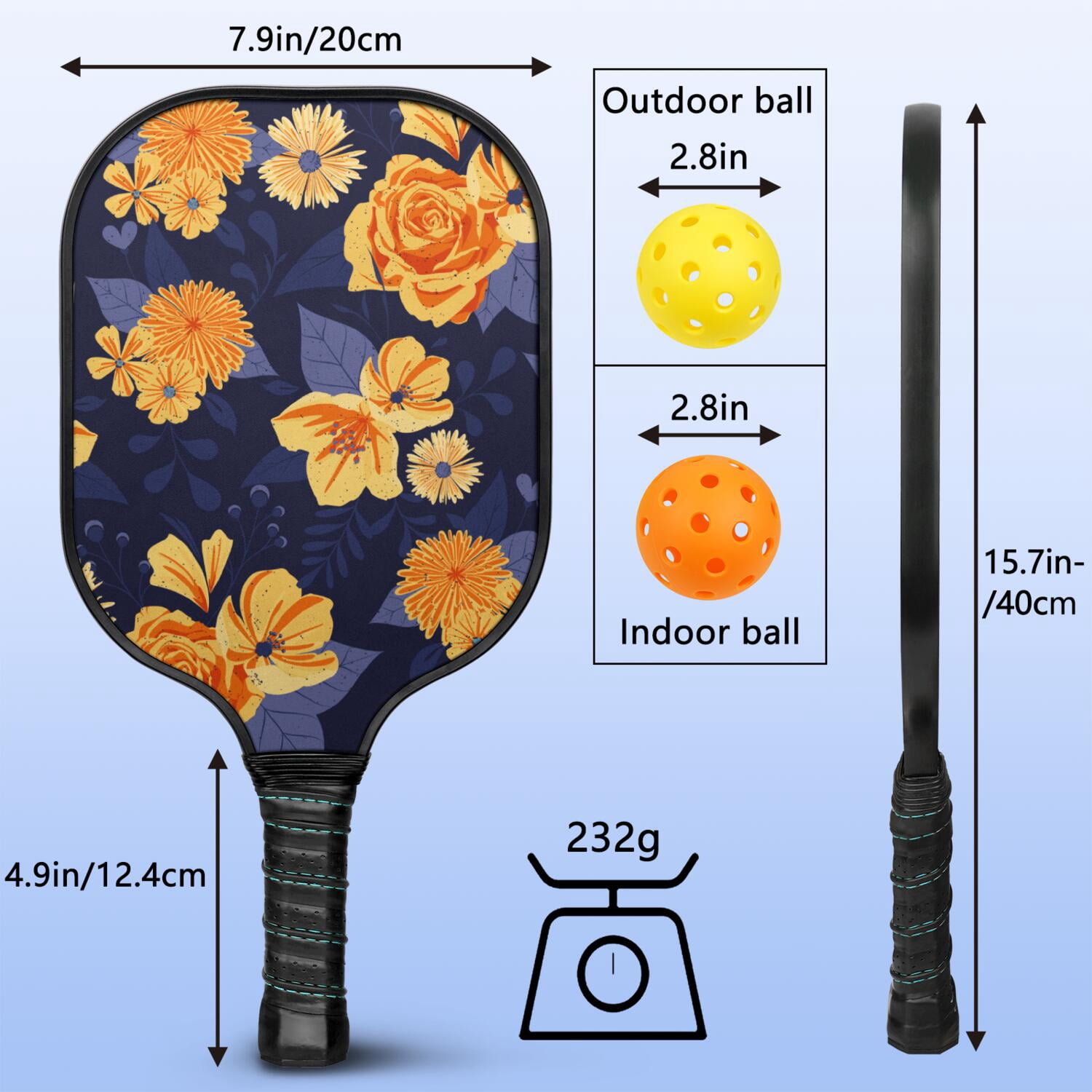 Pickleball Paddles Set Of 1, Fiberglass Surface, Vintage Floral Print, 1 Paddle, 2 Balls & Bag