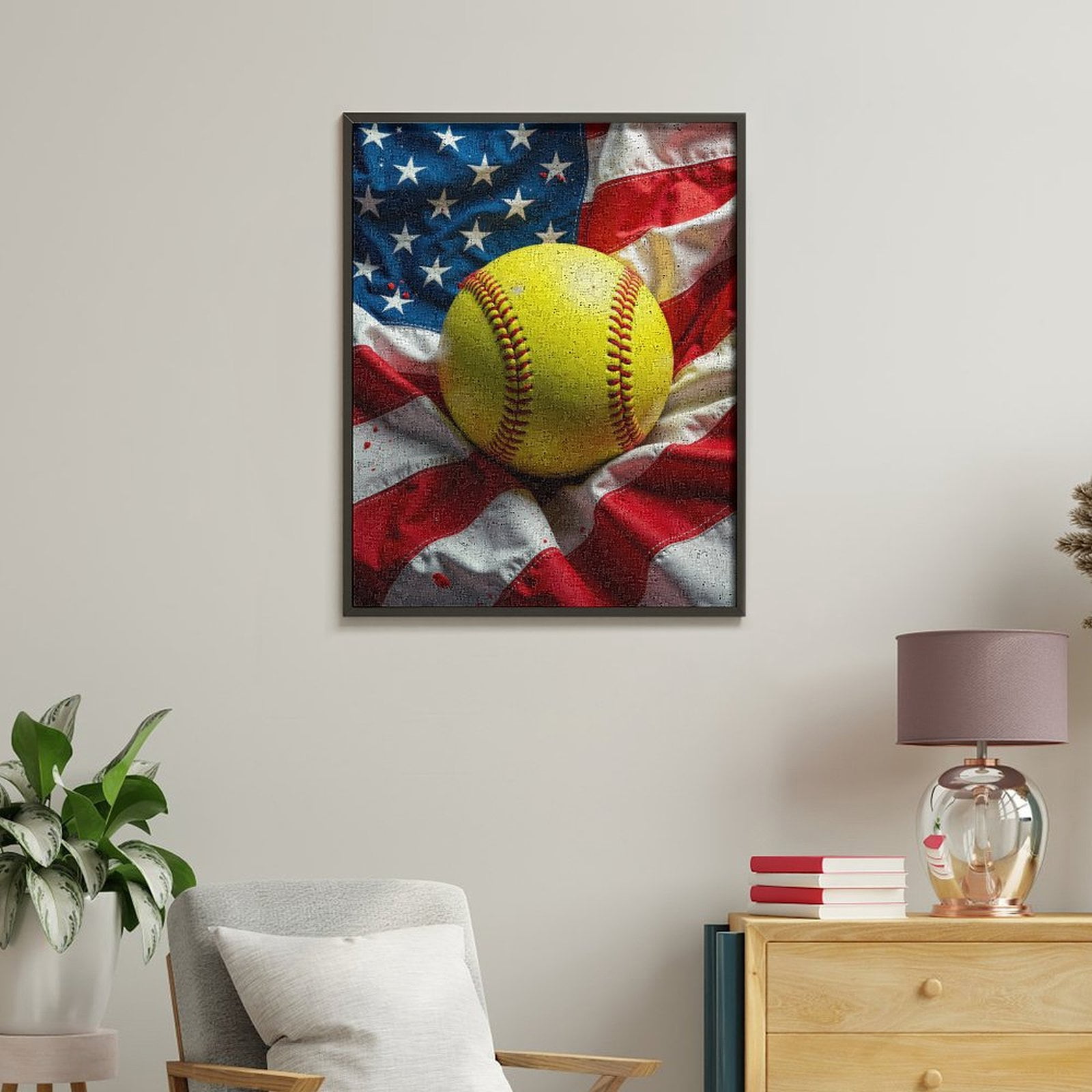 Paint By Numbers Kit for Adults Beginner - Yellow Softball American Flag DIY Canvas Painting Kits for Adults, Frameless Paint By Number for Adults for Home Wall Decor 16x20 Inch
