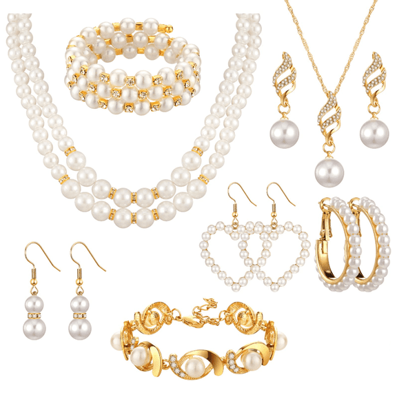 8 Pcs Pearl Rhinestone Jewelry Set for Women Pearl Necklace Bracelet Earrings for Wedding Birthday Bridal Tea Party