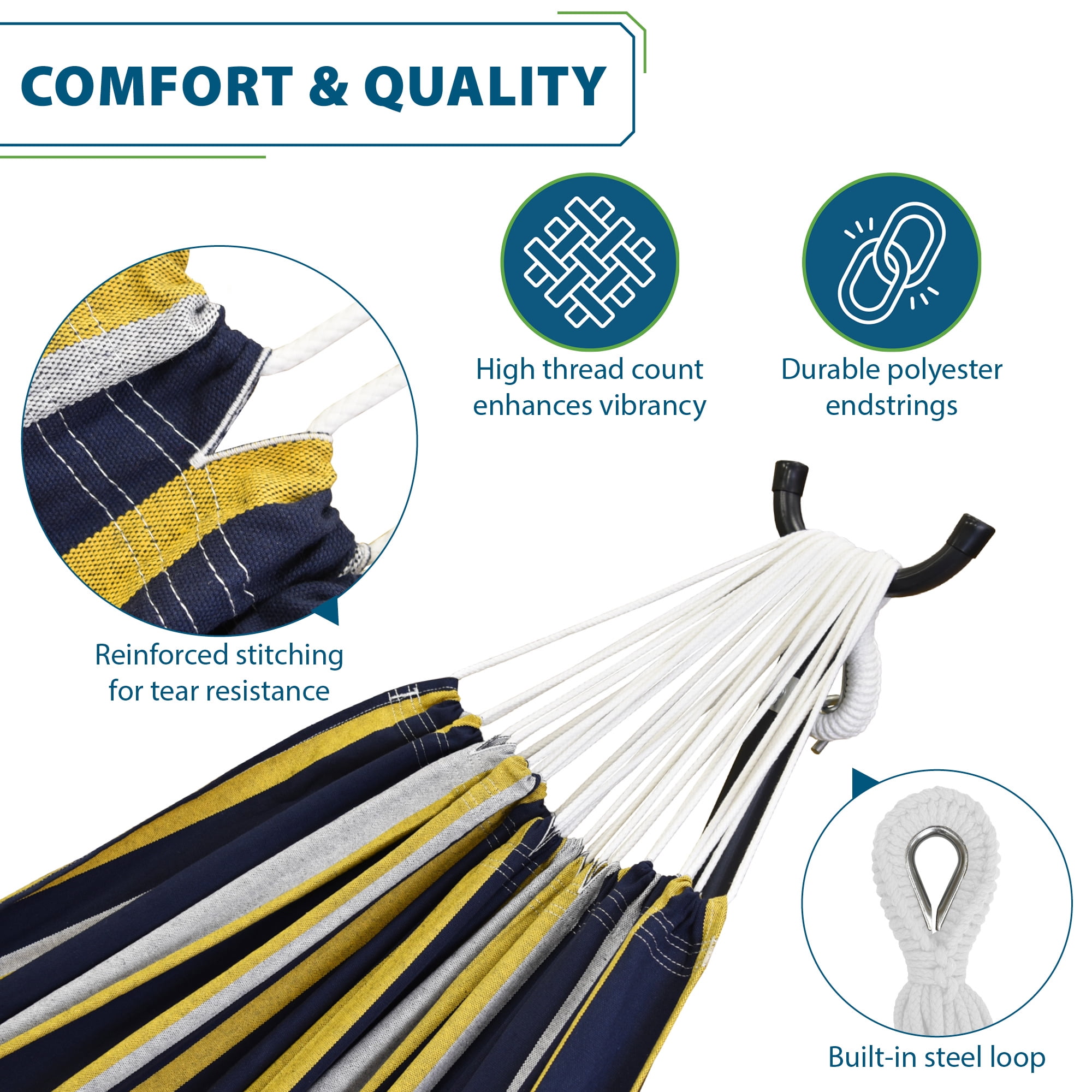 Vivere Brazilian Style Double Cotton Hammock, Outdoor Hanging Daybed, Serenity