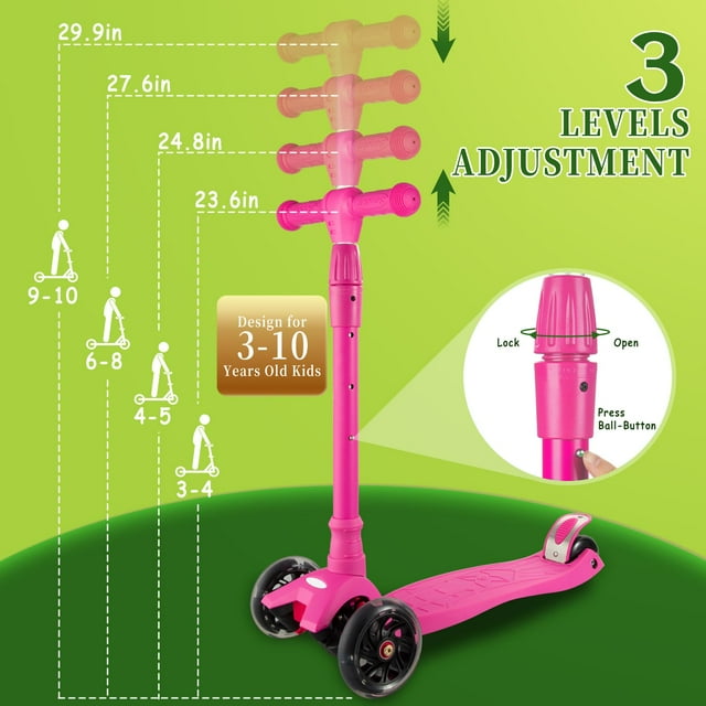 GloryStar Trottinettes pour Enfants de 3 à 5 Ans, Trottinette à Pousser pour Garçons Filles Tout-Petits, 4 Hauteurs Réglables, Roulement AEBC-9, 3 Roues Lumineuses, Incliner pour Diriger, Activités Extérieures pour Enfants de 3 à 12 Ans