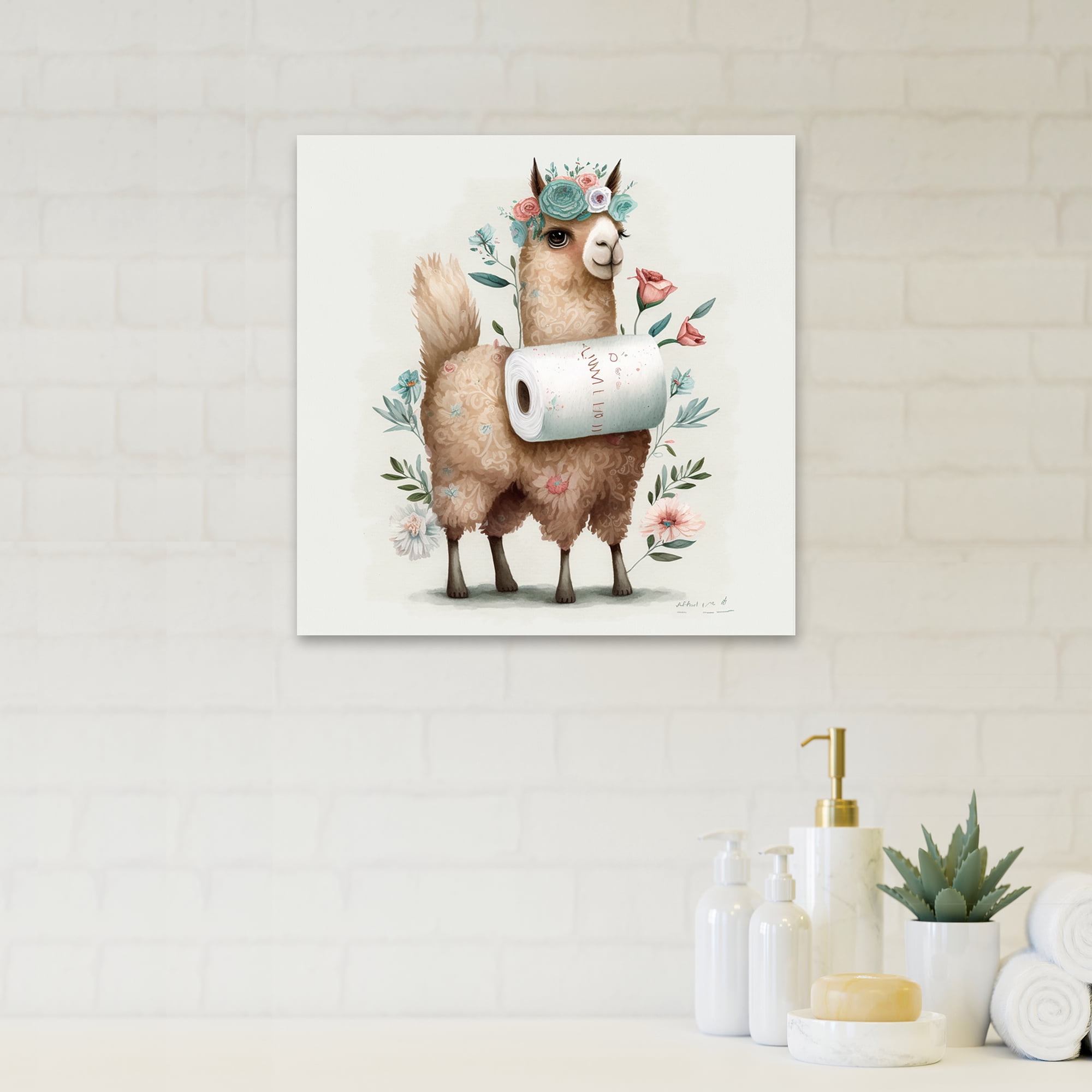 Designart Llama Building A Tower Of Toilet Paper With Flowers IV Canvas Wall Art