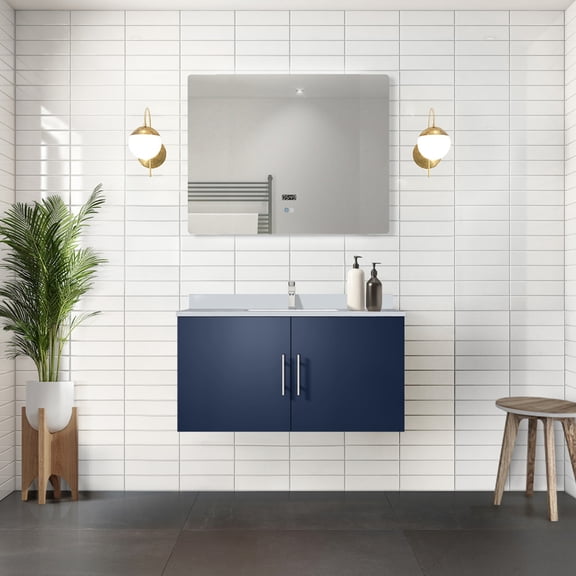36"w X 22"d Navy Blue Bath Vanity, Cultured Marble Top & Spacious Compartment Bathroom Vanity 22"d, Solid Wood Included