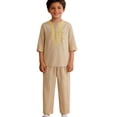thumbnail image 2 of Kids' Gold Thread Embroidery 2-Piece Suit Set, 2026 New Half Button Round Neck Long Sleeve Top and Matching Straight Leg Pants, Formal Occasion Outfit for Boys and Girls - Khaki, 2 of 7