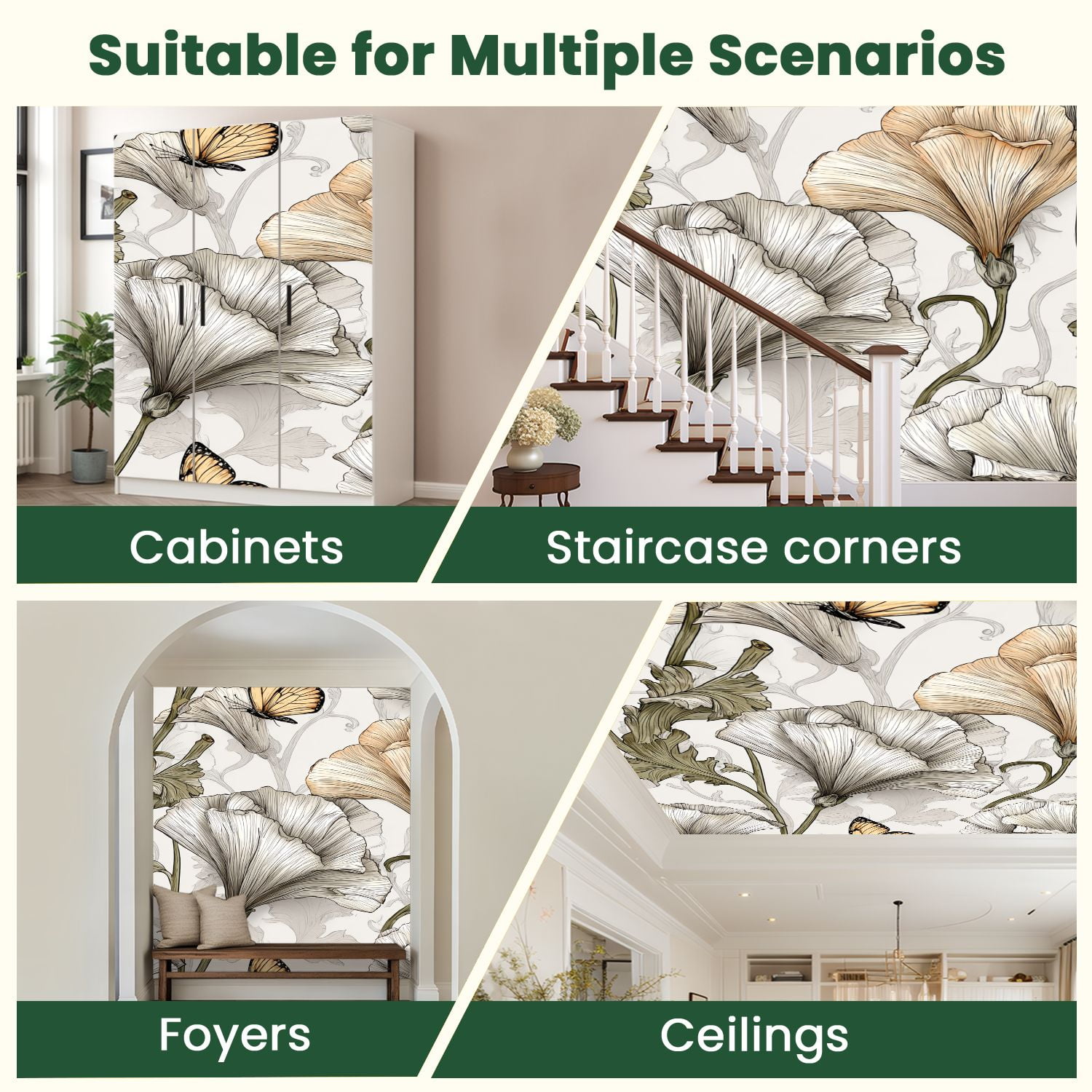 Peel and Stick Wallpaper Dusky Neutrals Stylized Flowers Butterfly Motif Floral Petals Curved Modern Art Wall Mural Decor Self Adhesive and Removable 100in x 144in