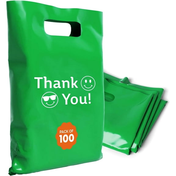 OPTIPAK Plastic Bags with Handles – 12x15 Merchandise Bags for Small Business, Die-Cut Retail Boutique & Shopping Bag, Goodie Bag & Trade Show Supplies – Thank You (Pack of 100)