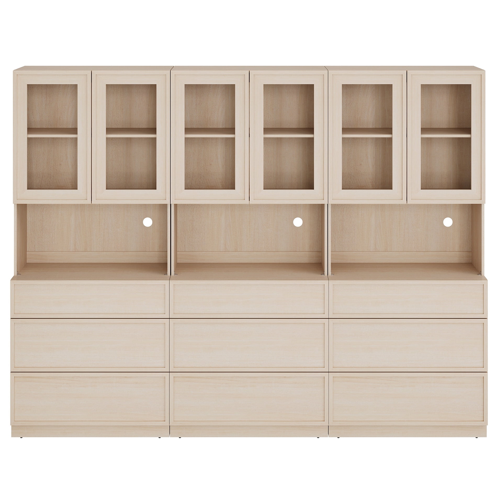 Modern 72" Tall Bookshelf with 9 Drawers and Book Shelves, Library Bookcase with Storage Cabinet and Glass Display Shelves,Beige