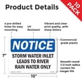 thumbnail image 2 of Storm Water Inlet Leads To River Rain Water Only OSHA Notice Rigid Plastic Sign 10 Inch x 7 Inch - 10 Pack, 2 of 8