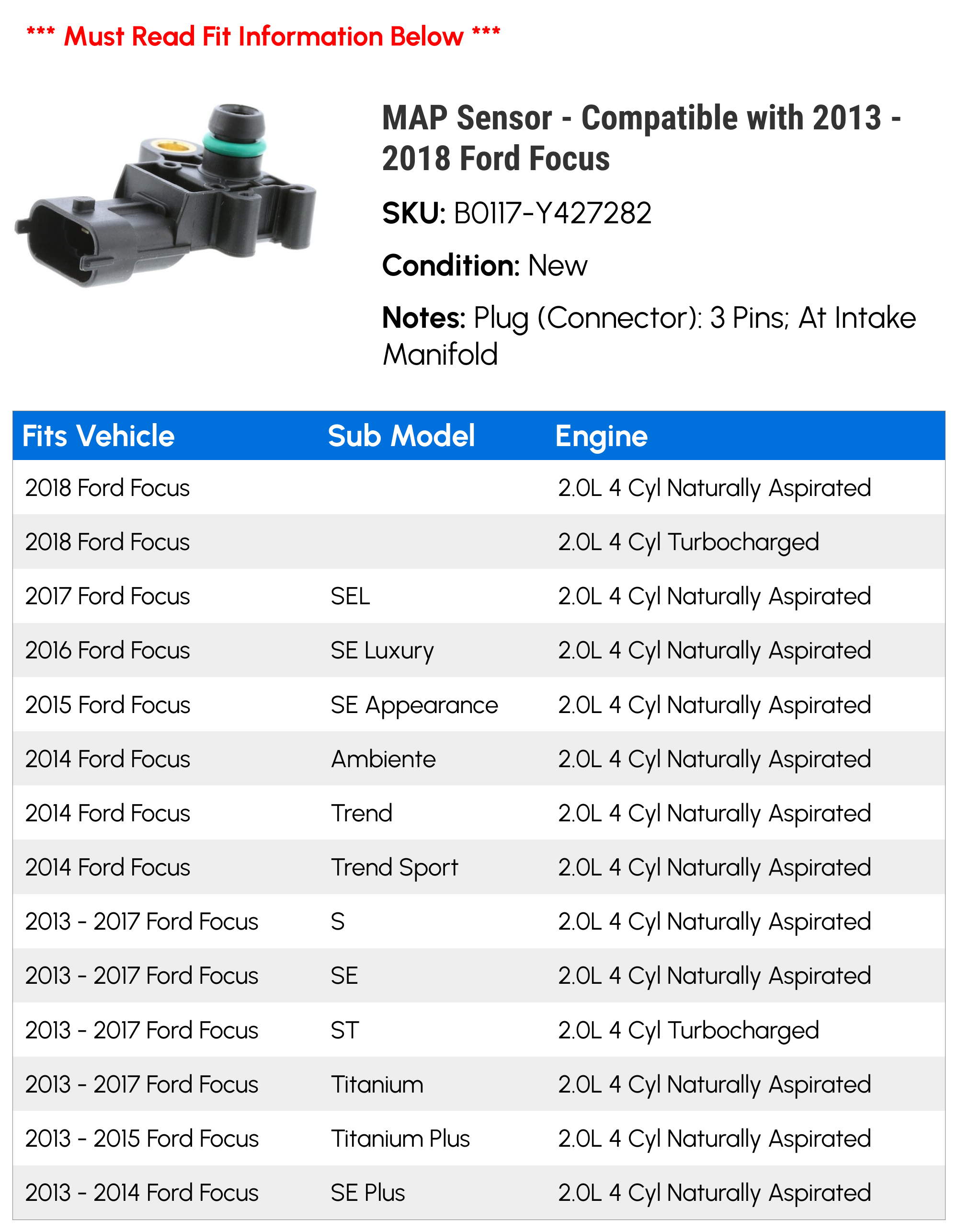 MAP Sensor - Compatible with 2013 - 2018 Ford Focus 2014 2015 2016 2017