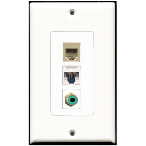 RiteAV - 1 Port RCA Green 1 Phone RJ11 RJ12 Beige 1 Cat5e Ethernet White Wall Plate Decorative