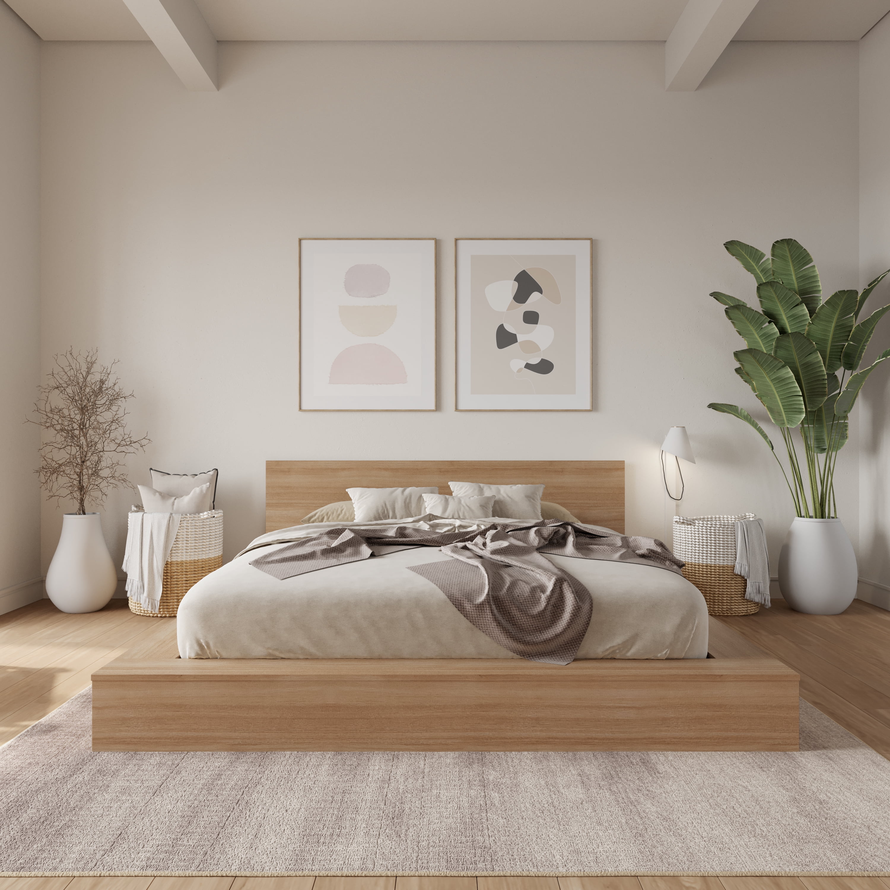 Nexera Kanso King Low Profile Wood Platform Bed with Headboard, Brown Oak