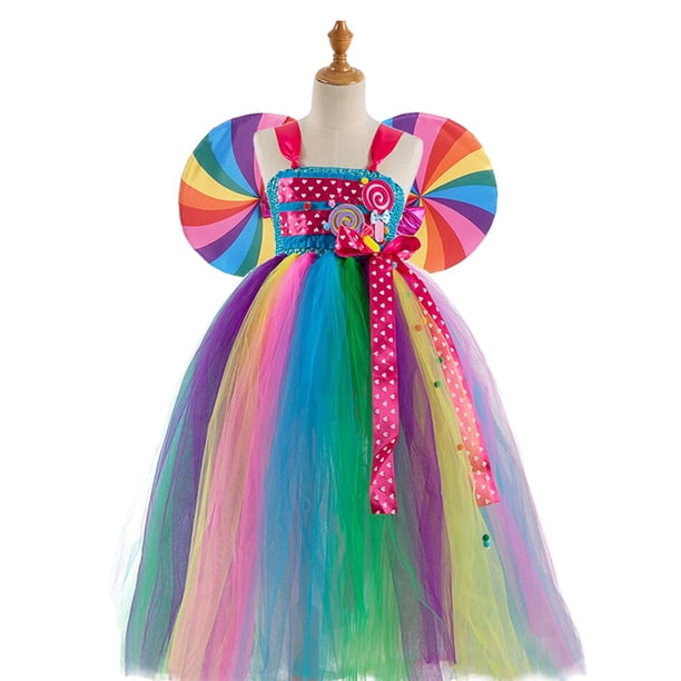 Dulce Arco Iris caramelo tutú vestido para niñas vacaciones cumpleaños fiesta ropa niños flores arco piruleta caramelo Purim disfraz 2-12y10-12Y Gao Jinjia LED