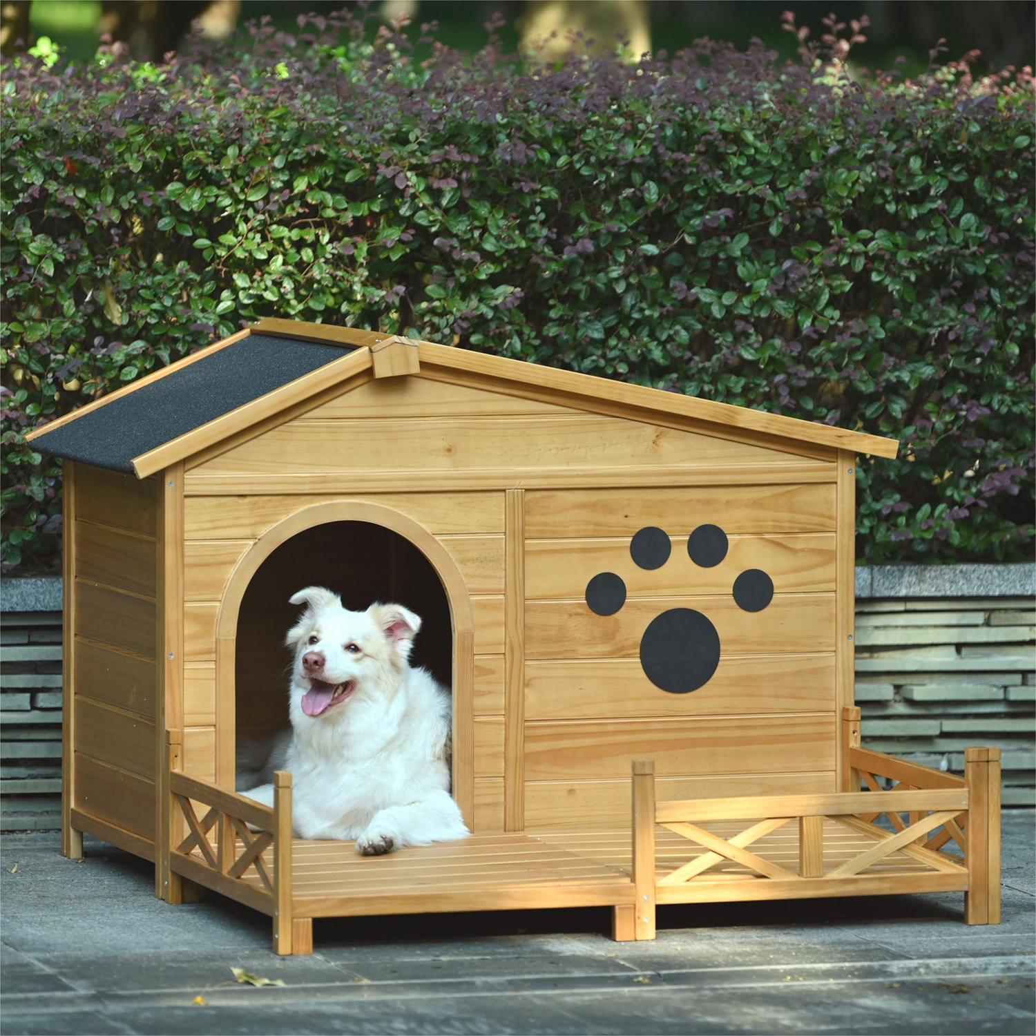 Pefilos 48" Large Wooden Dog House for Outdoor and Indoor, Cat Shelter with Doors and Porch, Cabin Style Pet Kennel for Medium Dogs, Gray