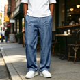 thumbnail image 4 of Dweltoz Men Linen Cargo Pants Baggy Elastic Waist Trousers Lightweight Breathable Wide Straight Leg Workwear with Pockets,Navy M, 4 of 6