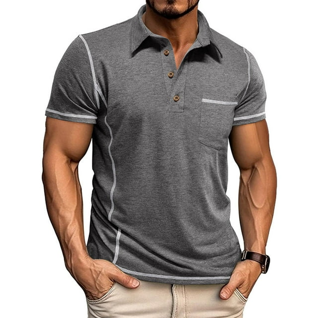 pstuiky Mangas cortas para hombre, Camisa tipo cárdigan informal de punto liso con manga corta y bolsillo con solapa para hombre camisas casuales para hombre l