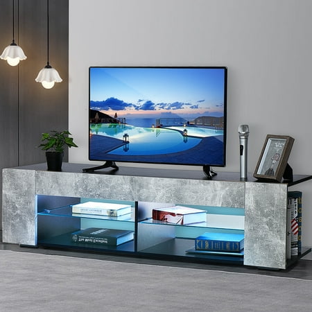 Modern LED TV Stand TV Cabinet for TVs up to 65", with Side Bookshelf and 4 Open Shelves