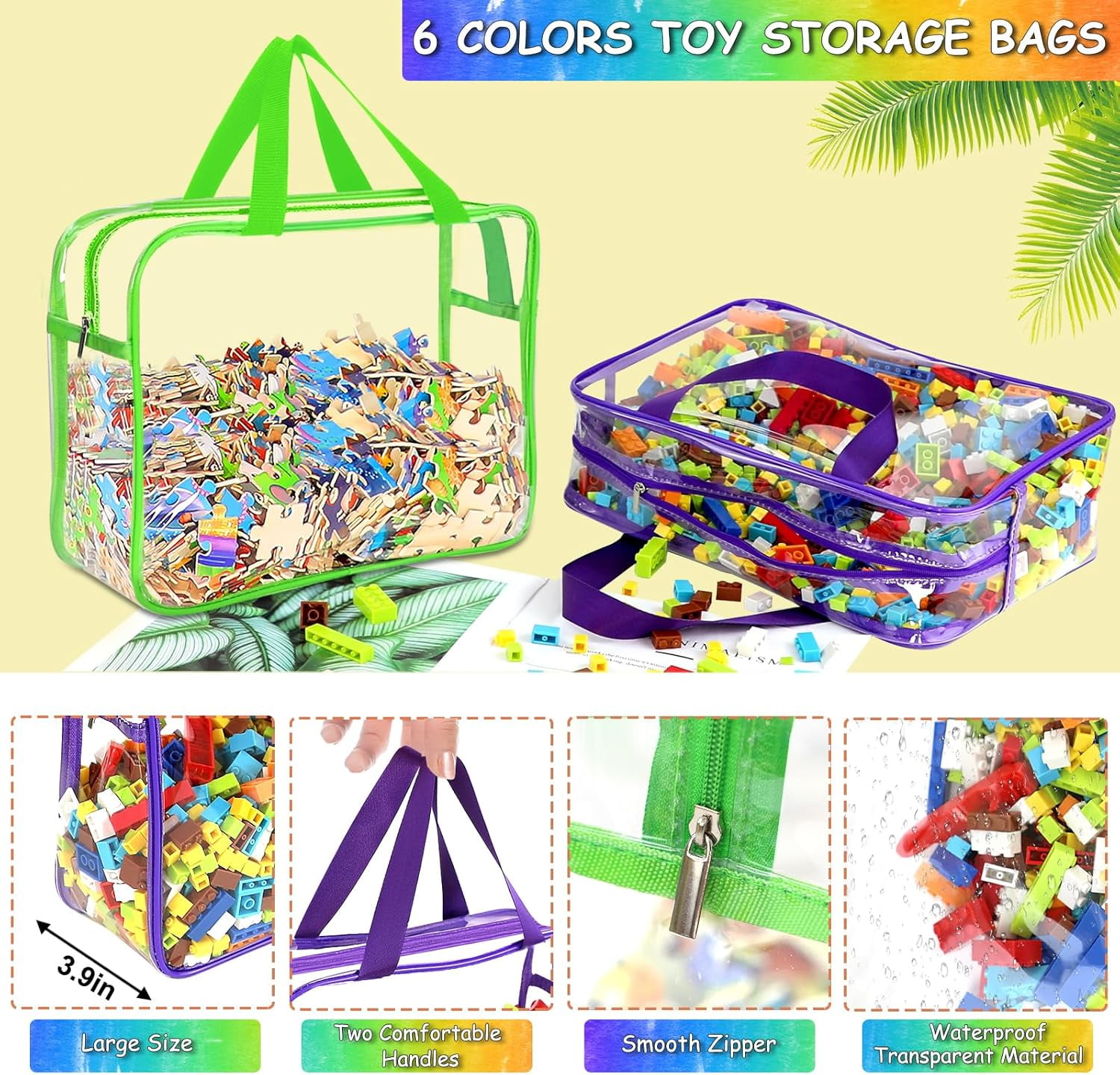 Januofit Auckpure 6 Pcs Large Toy Storage Bags with Labels, Reusable Clear PVC Board Game Storage, Travel Waterproof Organizer Bags with Zipper for Building Blocks, Puzzle, Kids Books（6 Colors）