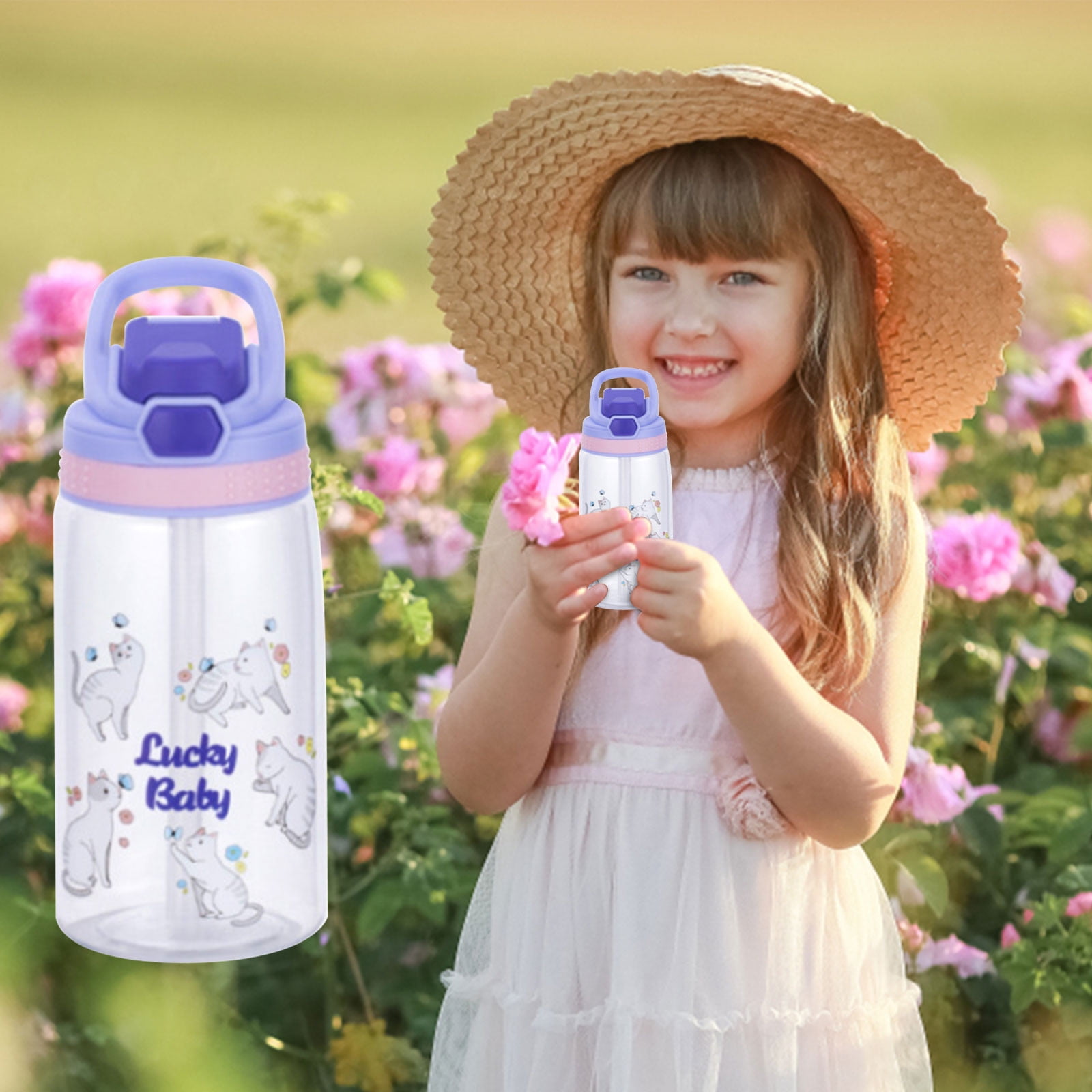 Aurigate Water Bottles for Girls, Cute Girls Water Bottles for School, Girls Cartoon Water Bottle with Straw and Safety Lock, Kids Water Bottles for