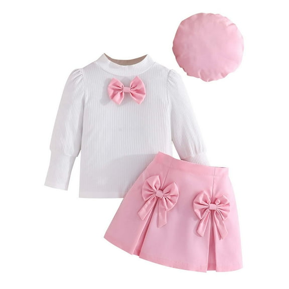 Fgnfyis Girls Outfit Sets Toddler Kids Ribbed Bow Top Skirt Hat 3 Piece Casual Outfit for School Autumn Fall School Outfits for Girls Pink 7-8 Years
