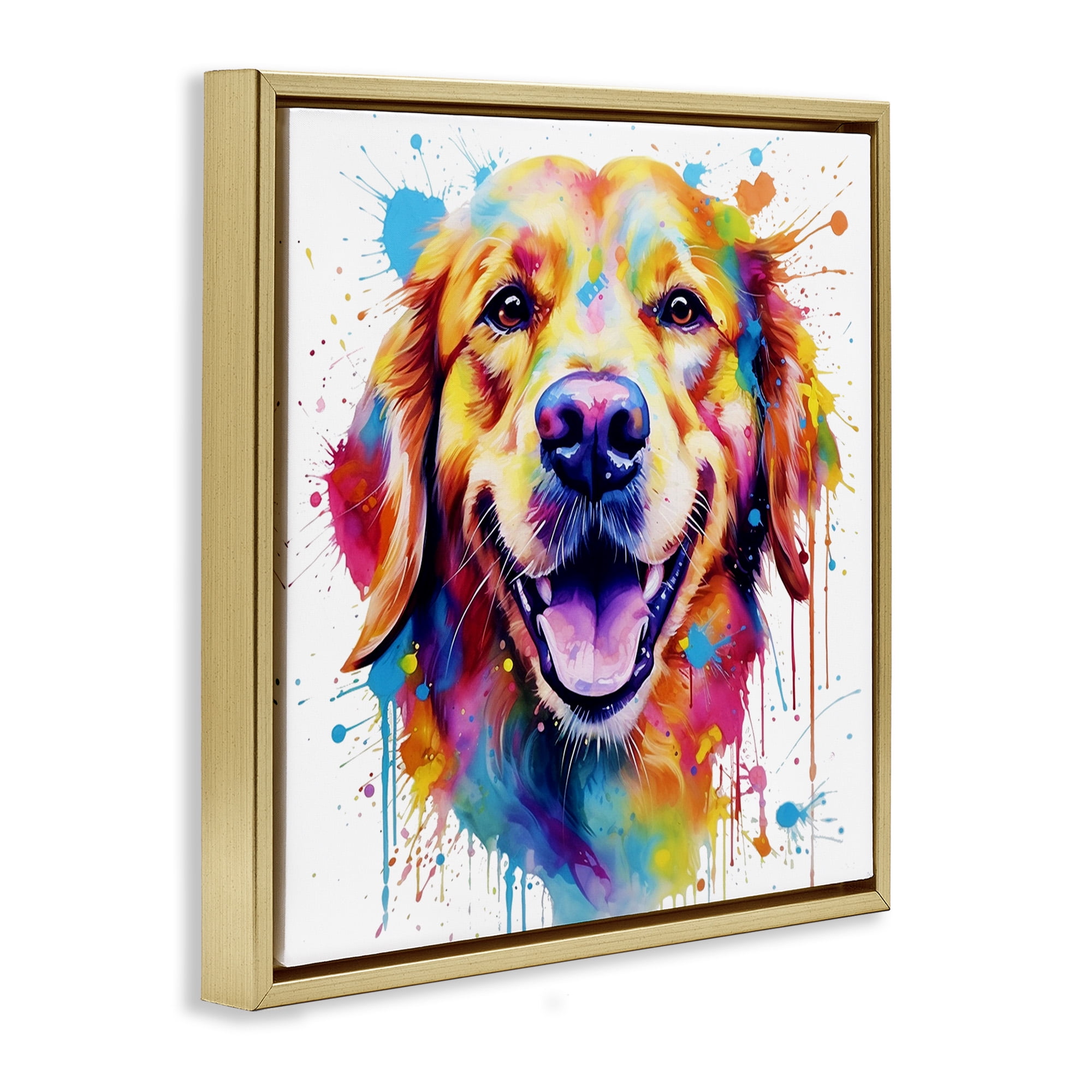 Stupell Industries Happy Dog Paint Drip Animals & Insects Painting Gold Floater Framed Canvas Art Print Wall Art, 18 x 18