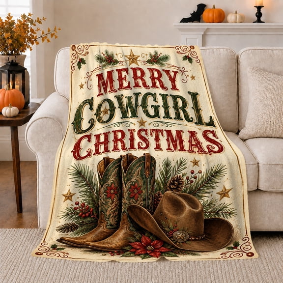 Merry Cowgirl Christmas Vintage Western Holiday Evergreen Cowboy, Festive Holiday Scene, Warm Flannel Blanket for Living Room and Reading Nook, Art Lovers Christmas Gift, Festive Home Decor