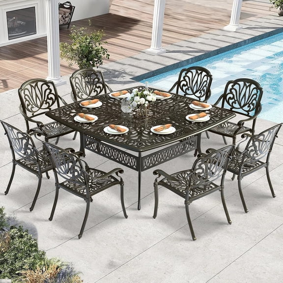 W WARMHOL 9 Piece Outdoor Patio Dining Set for 8, Cast Aluminium Large Square Dining Table & 8 Stackable Chairs, Umbrella Hole, Patio Furniture Set for Garden Porch Poolside, Dark Bronze