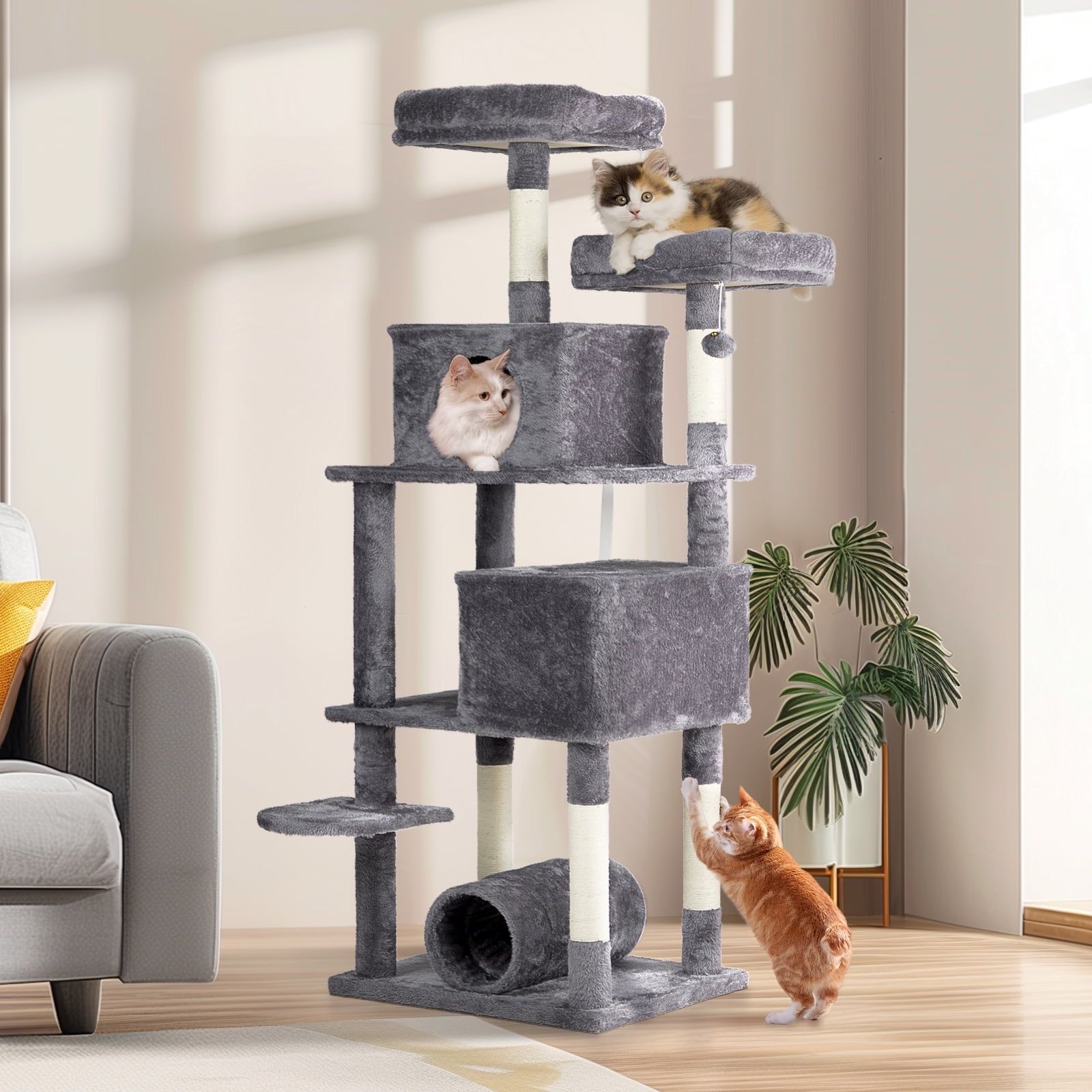 65 Inch Cat Tree Cats Tower for Indoor, Large Multi-Level Cat Play House Condo Furniture with Padded Platform Beds, Large Cozy Condos, Sisal Scratching Posts, Toy Balls and Cat Play Tunnel
