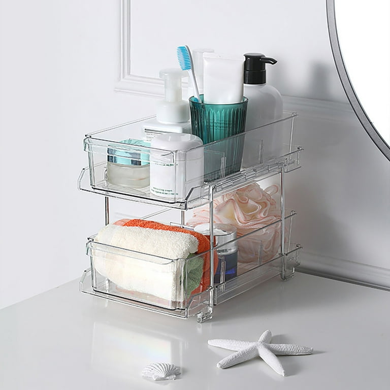 2 Tier Clear Bathroom Organizer with Removable Dividers Plastic
