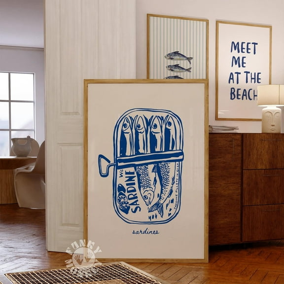 MSFCON Tinned Sardines Art Print, Navy Blue Retro Wall Art, Kitchen Aesthetic Decor, Trendy Sardine Poster, Coastal Art
