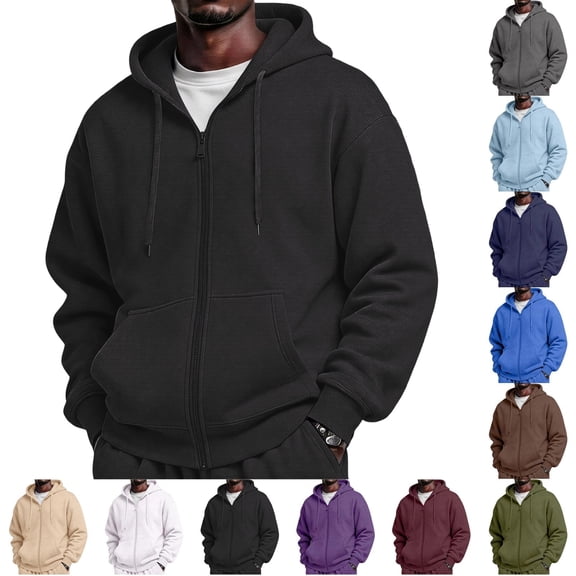 Fabrcox Mens Hoodie Zip Up Fleece Lined Fall Winter Jacket for Men Oversized Soft Warm Solid Color Workout Long Sleeve Full Zip Hoodie Outerwear with Pockets XL