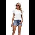 thumbnail image 1 of Blusas Casuales de Corta con Volantes para Mujer, Lindas Camisetas de Punto Acanaladas de Color Liso. M, 1 of 10