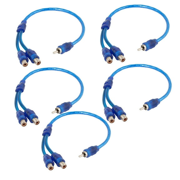 REGALWOVEN  5 Pcs Car Audio 2 RCA Female to 1 RCA Male Jacks Adapter Y Splitter Cable Wire Connector 12" Long Blue