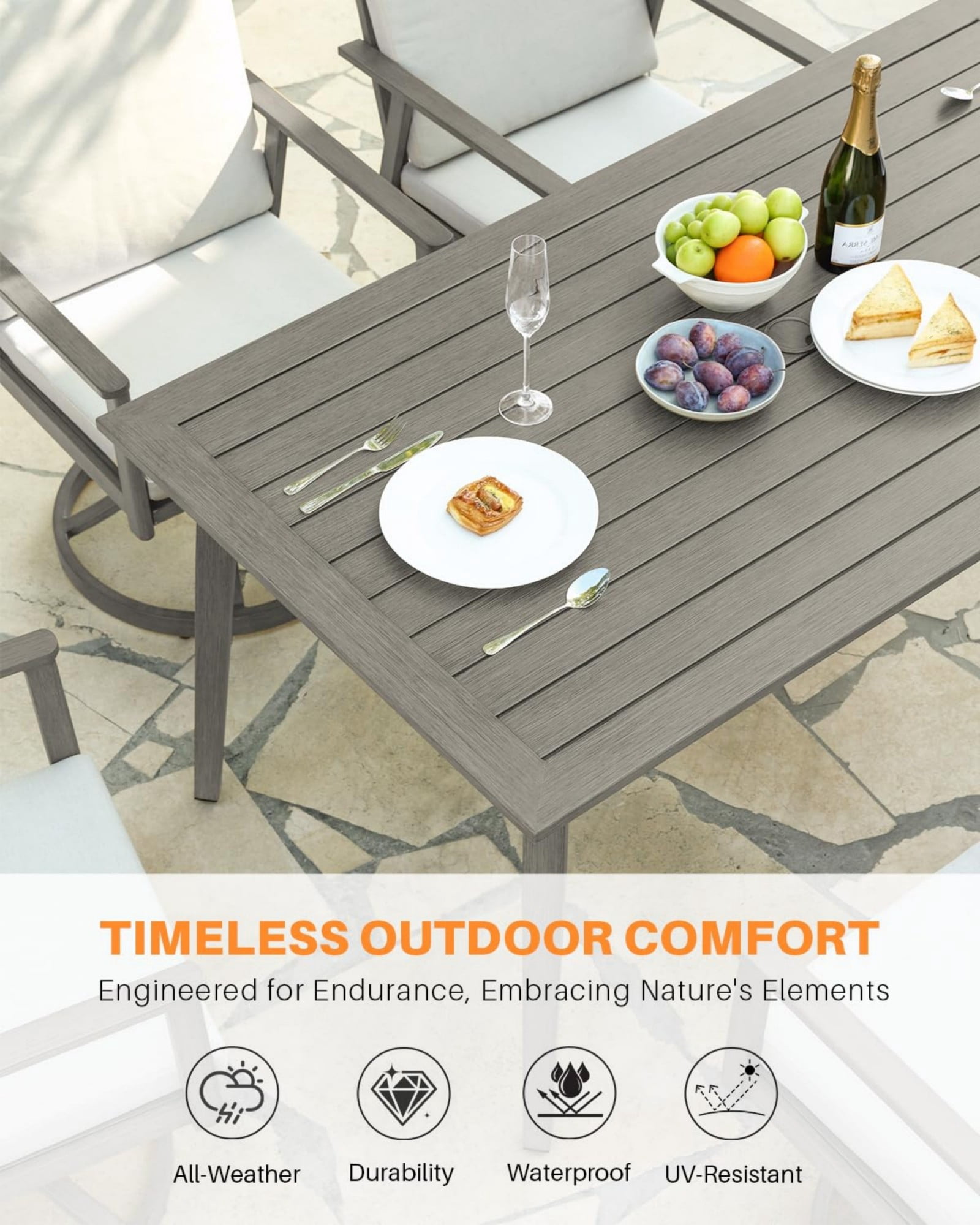 Outdoor Patio Dining Table for 6, Aluminum Outdoor Dining Table with Umbrella Hole, All Weather Patio Table for Garden, Deck, Porch, Lawn, Backyard, Gray