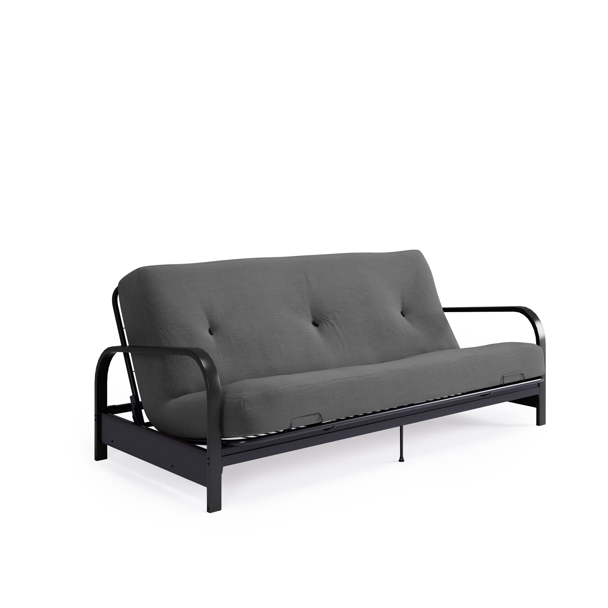 Cleo Black Metal Arm Full Size Futon Frame with 6” Gray Mattress