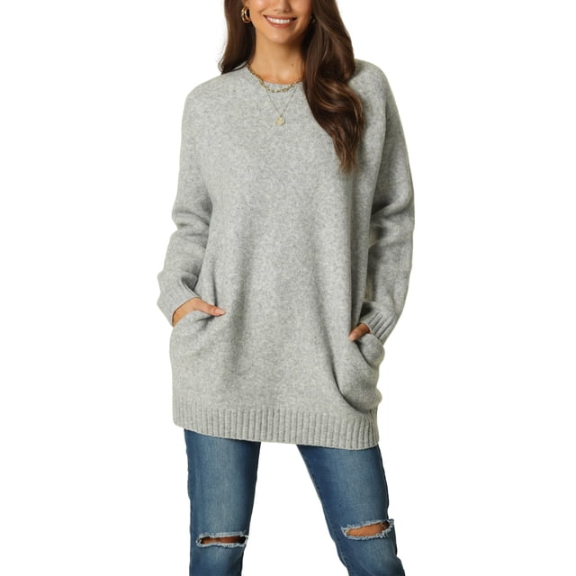 Suéter casual de manga larga con cuello redondo y bolsillos para mujer INSPIRE CHIC M gris