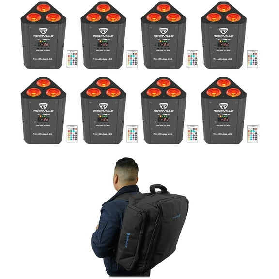 8 Rockville RockWedge LED 54w RGBWA UV Rechargeable Wireless DMX Lights Backpack